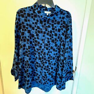 Habitat Women’s Blouse – Blue & Black Geometric Print – Size XL – Long Sleeve